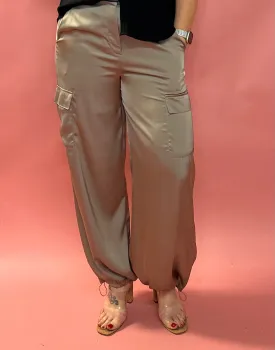 Alana Pocketed Satin Cargo Joggers in  Taupe