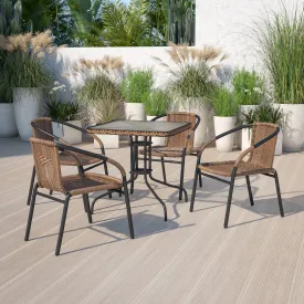 Barker 28'' Square Tempered Glass Metal Table with Dark Brown Rattan Edging
