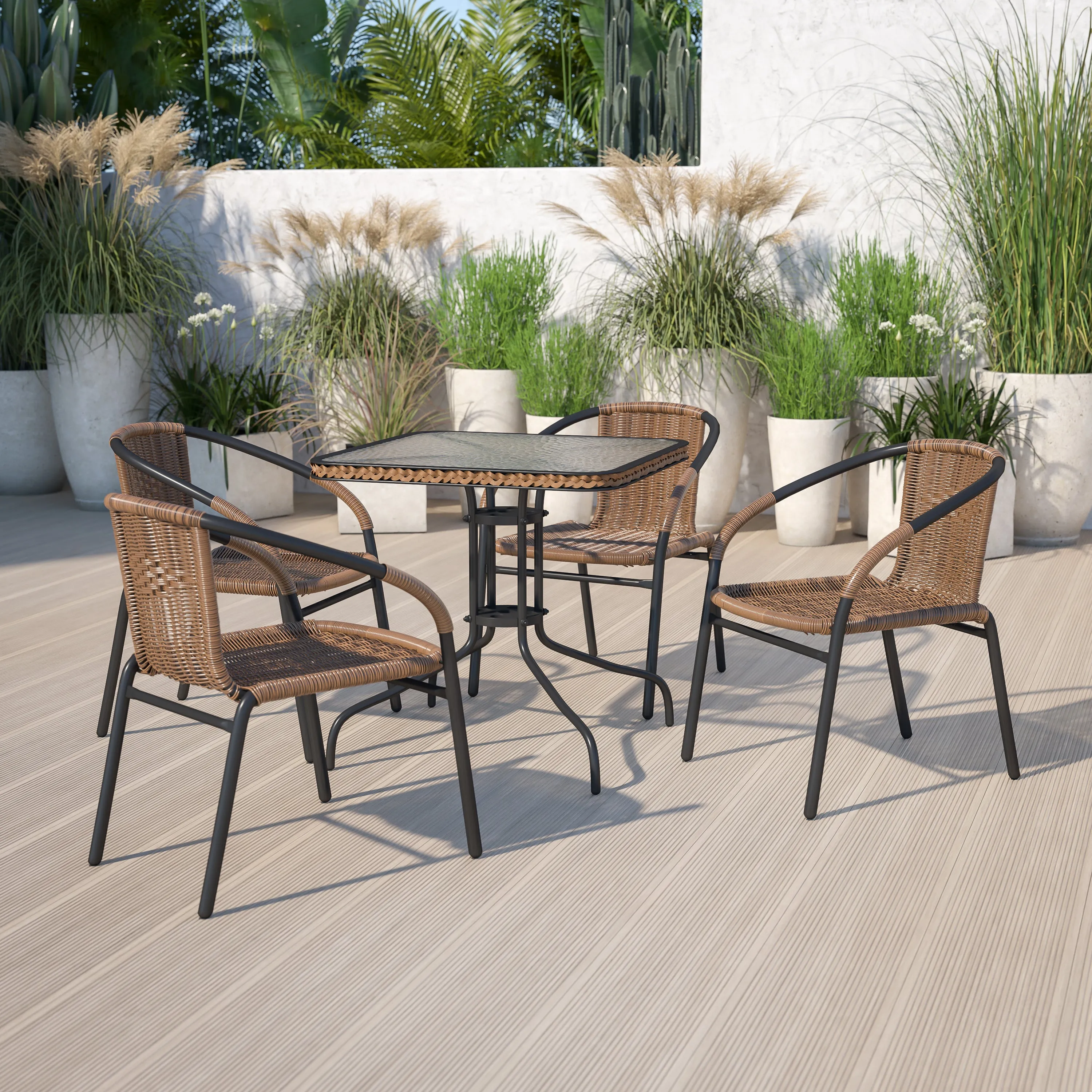 Barker 28'' Square Tempered Glass Metal Table with Dark Brown Rattan Edging