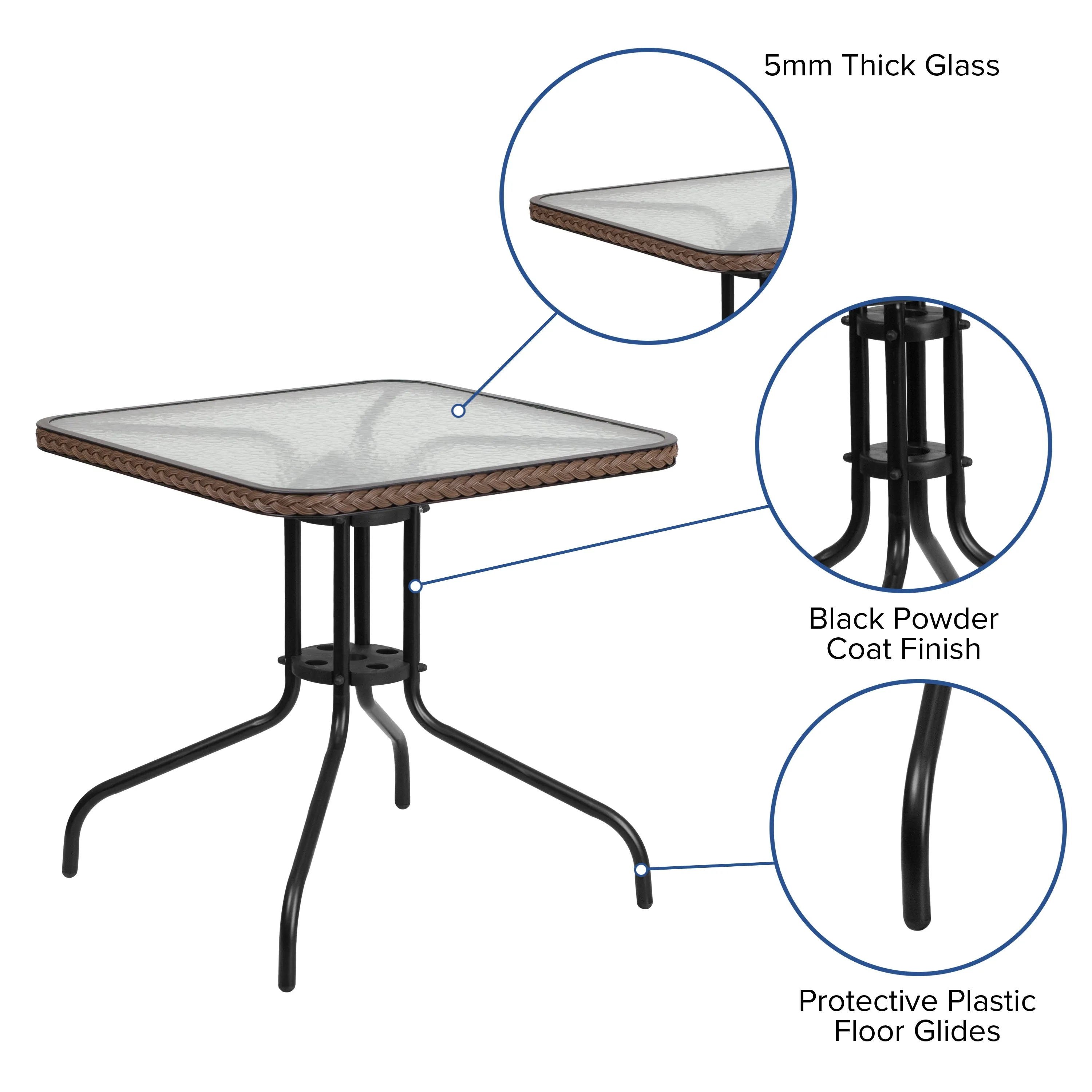 Barker 28'' Square Tempered Glass Metal Table with Dark Brown Rattan Edging