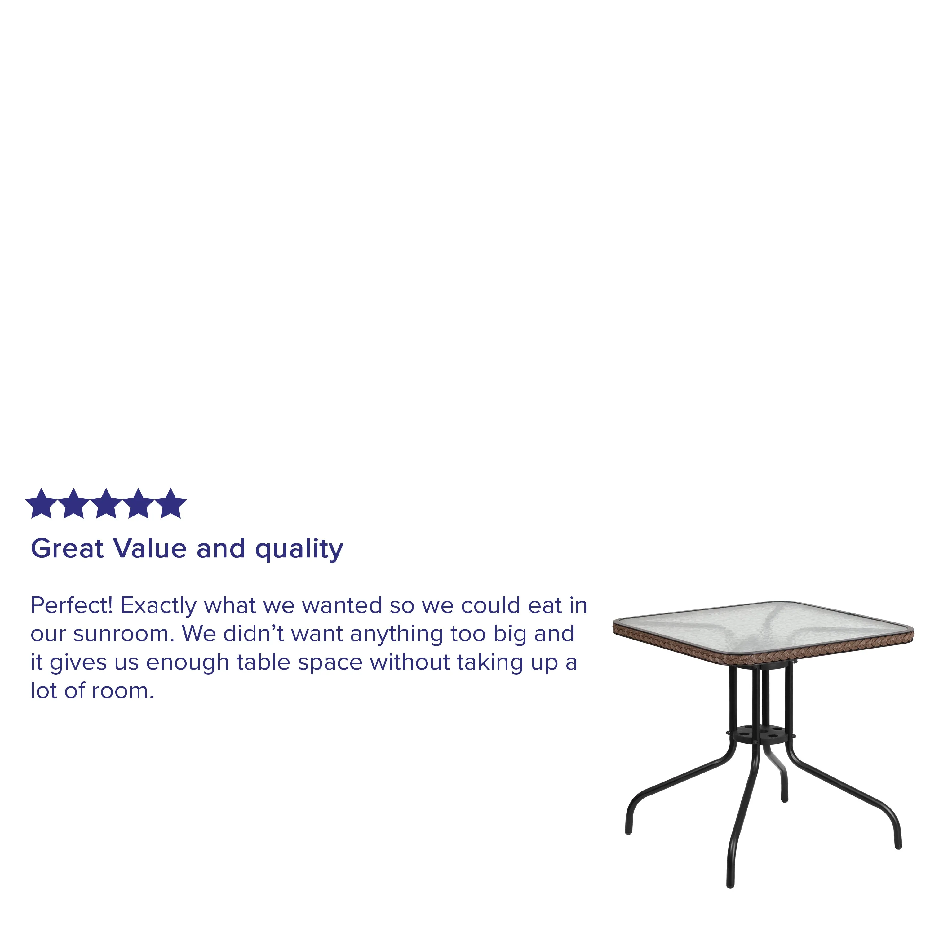 Barker 28'' Square Tempered Glass Metal Table with Dark Brown Rattan Edging