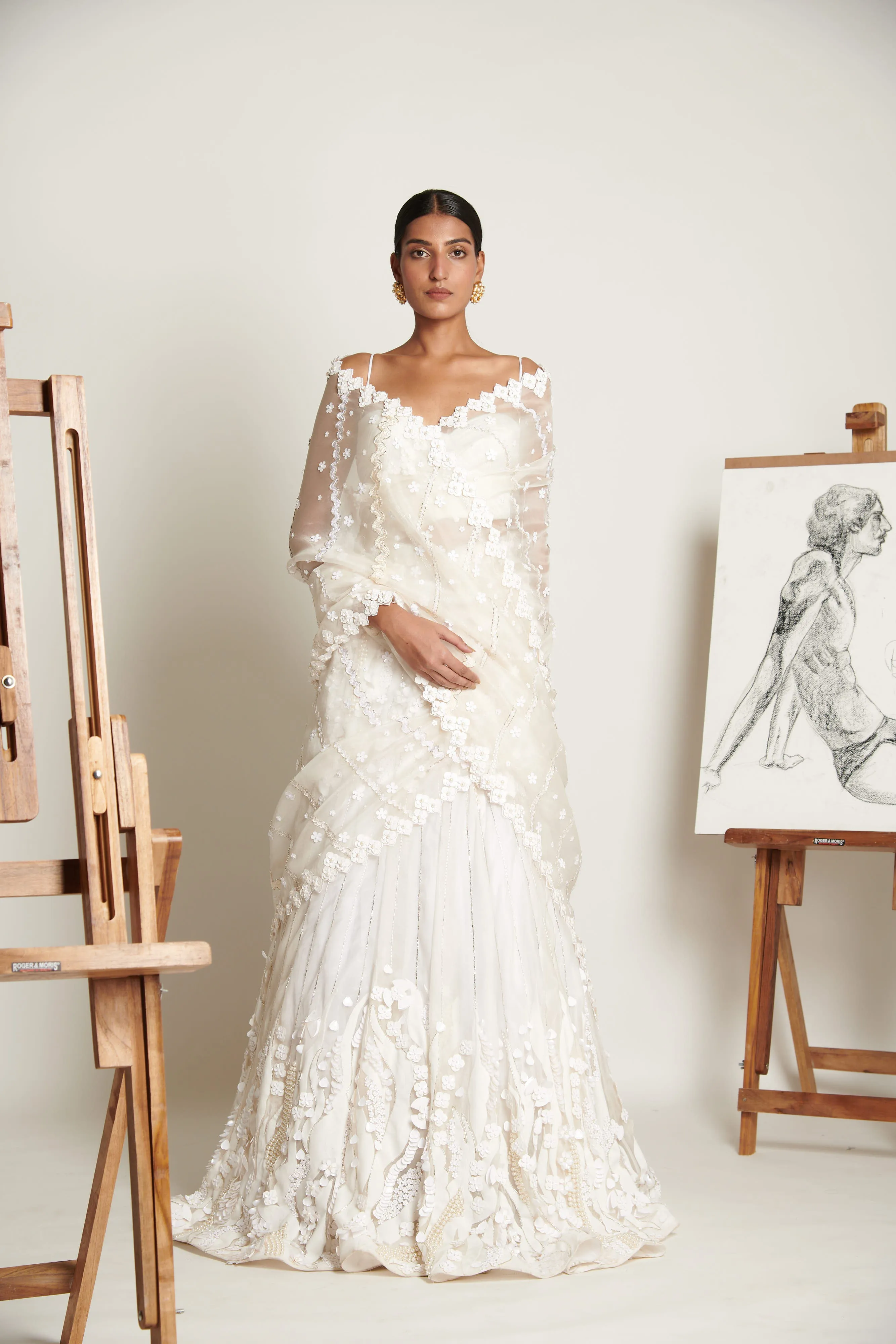 Ecru Pearl Opalescent Lehenga with Ruched Bustier and Floret Applique Dupatta