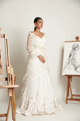 Ecru Pearl Opalescent Lehenga with Ruched Bustier and Floret Applique Dupatta