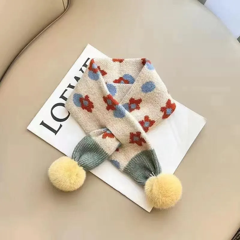 Floral Pom Pom Knit Cross Scarf
