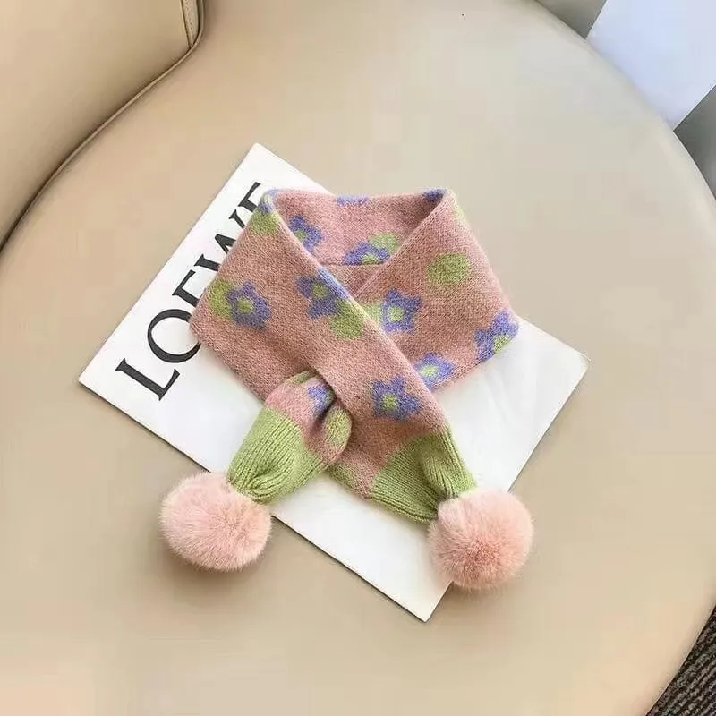 Floral Pom Pom Knit Cross Scarf