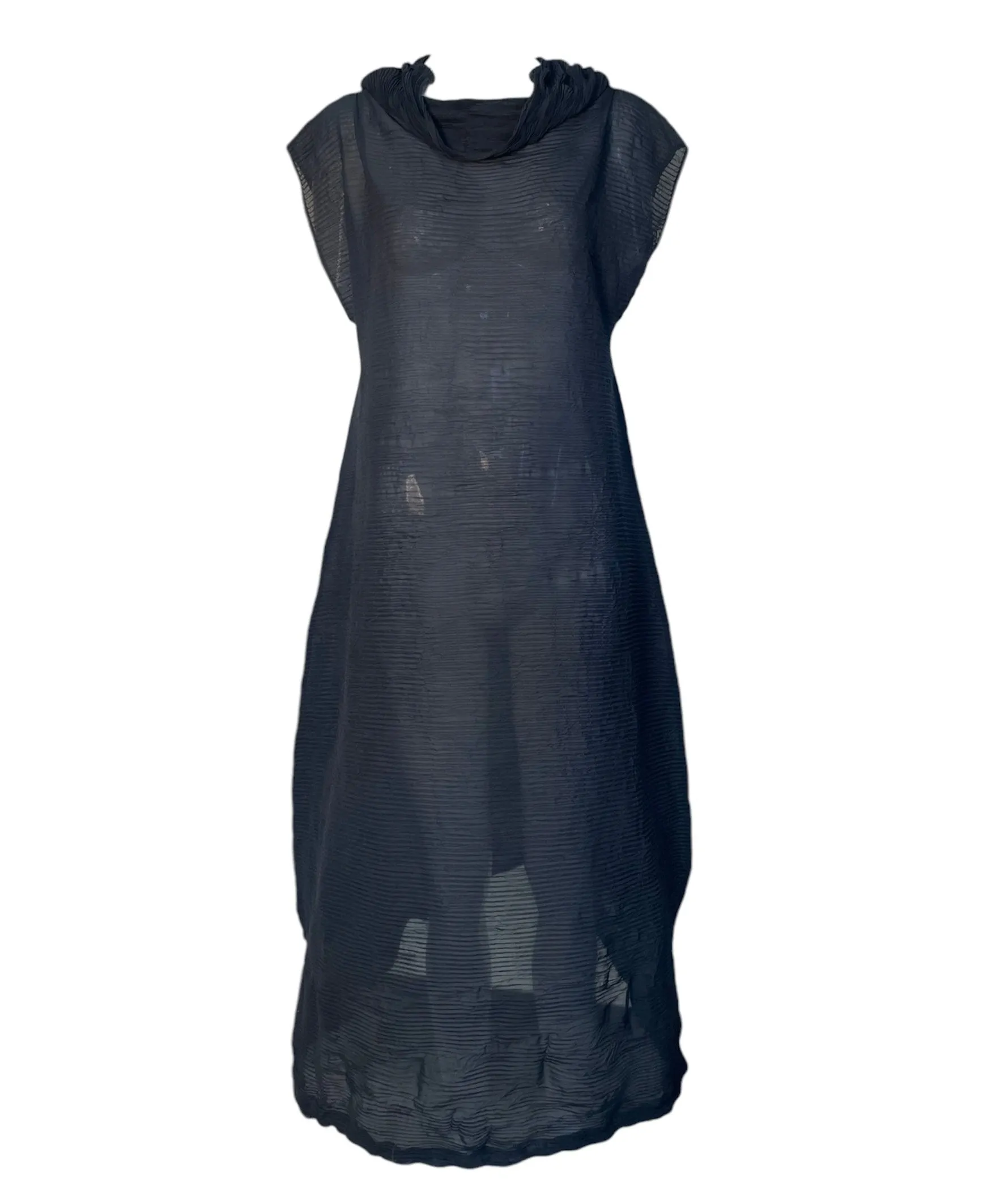 Issey Miyake 1990's Structural Deep Blue Sheer Pleated Avant Garde Gown