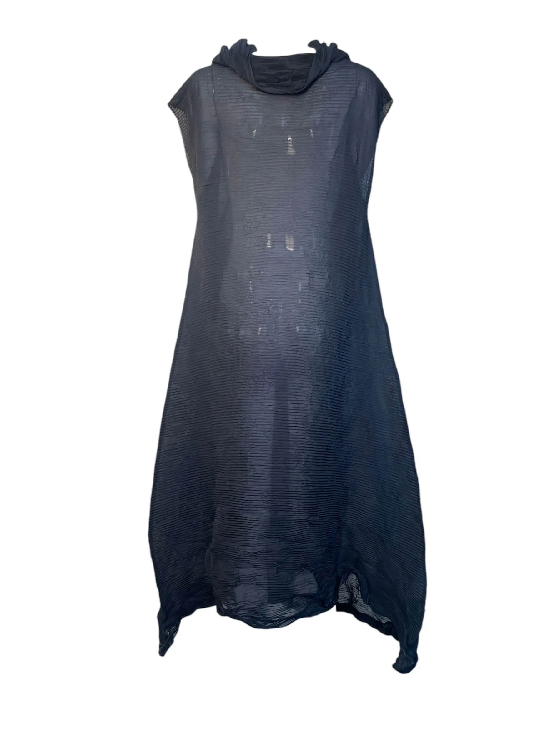 Issey Miyake 1990's Structural Deep Blue Sheer Pleated Avant Garde Gown