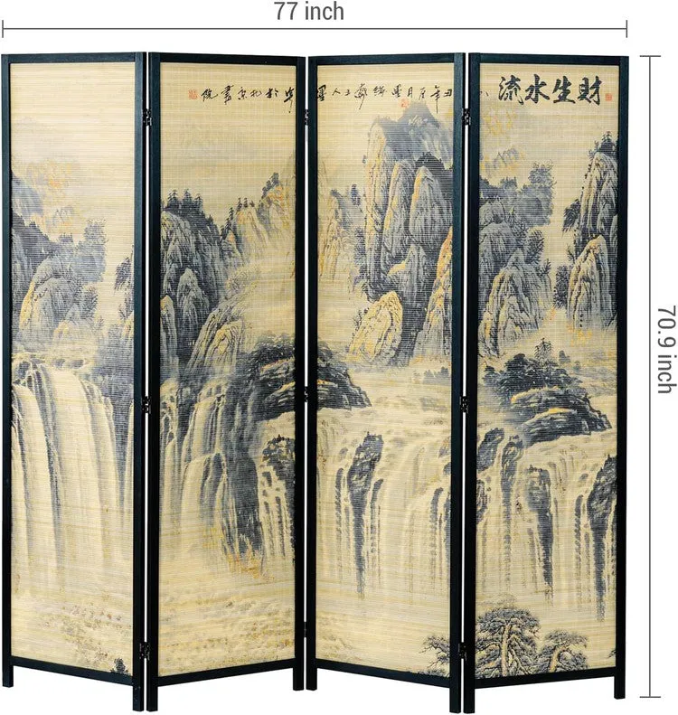 Paneled Black Frame Freestanding Room Divider Bamboo Folding Privacy Screen with Dual Sided Asian Mountain & Waterfall