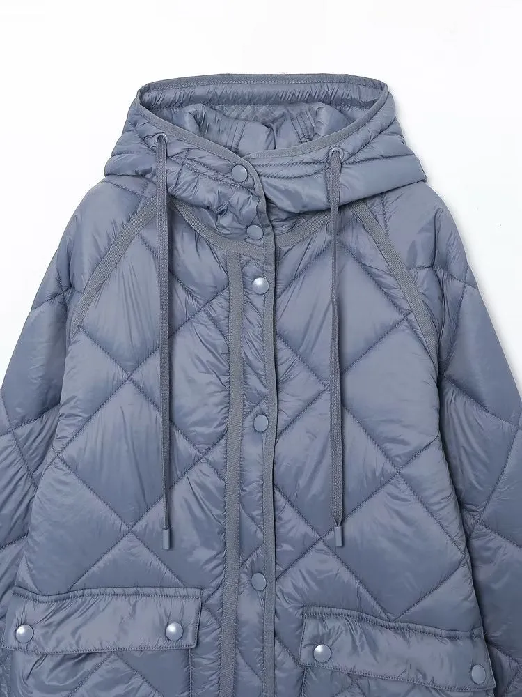 Quilted 3/4 Length Hooded Coat