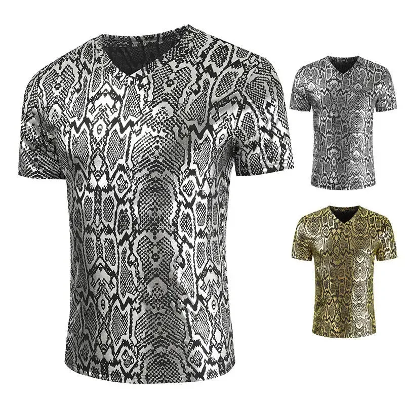 Snake Print T-Shirt for Men: Street Fashion Slim Fit Tee in Golden Silver, M-3XL