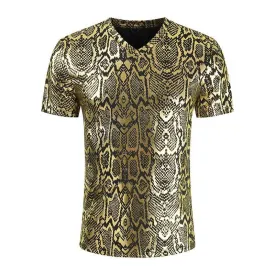 Snake Print T-Shirt for Men: Street Fashion Slim Fit Tee in Golden Silver, M-3XL