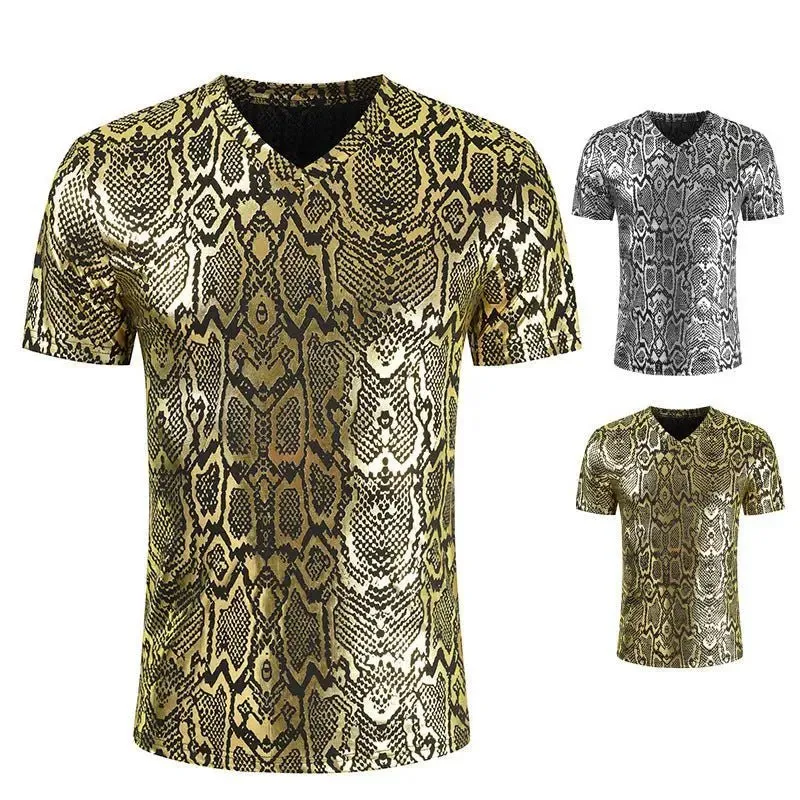 Snake Print T-Shirt for Men: Street Fashion Slim Fit Tee in Golden Silver, M-3XL