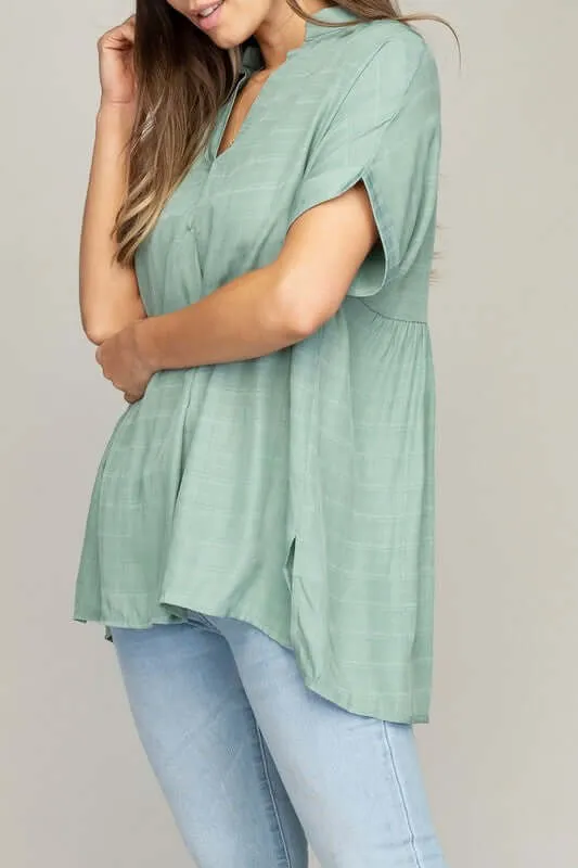 White Strip / Green  Henley Neck Short Sleeves Shirt