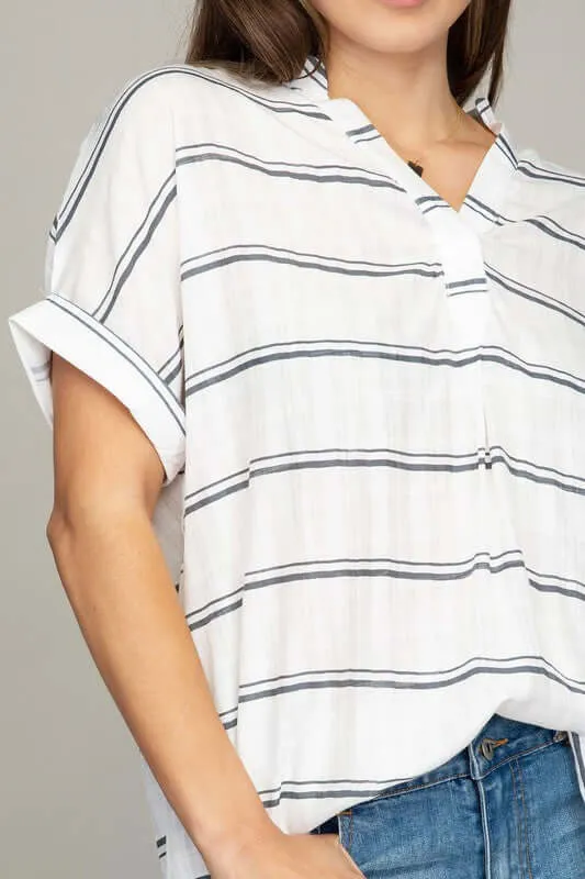 White Strip / Green  Henley Neck Short Sleeves Shirt