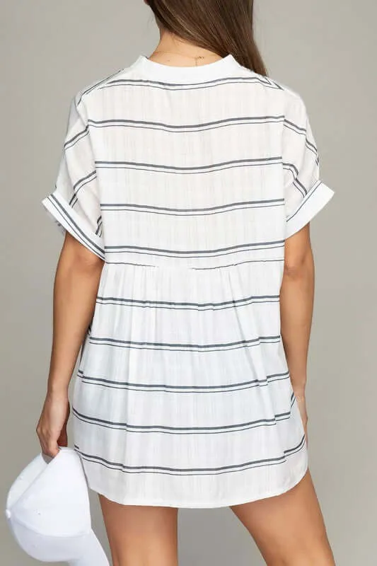 White Strip / Green  Henley Neck Short Sleeves Shirt