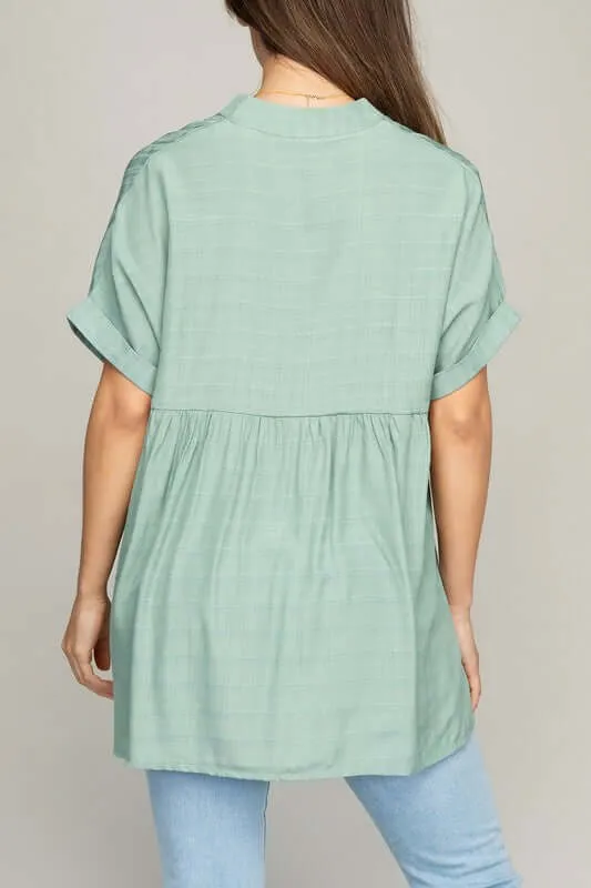 White Strip / Green  Henley Neck Short Sleeves Shirt
