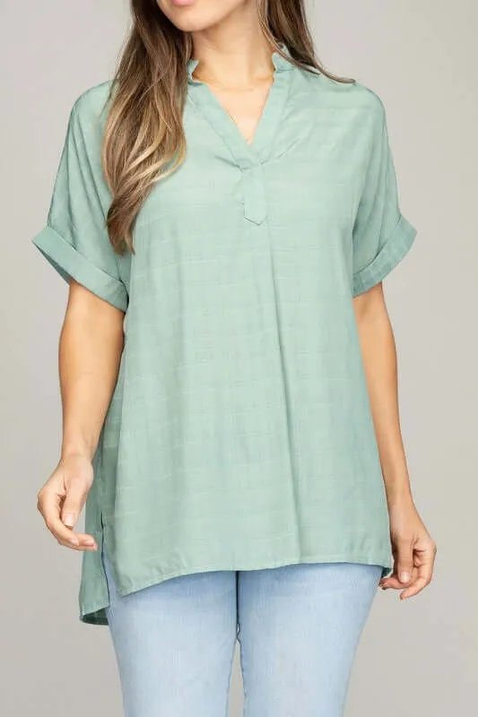 White Strip / Green  Henley Neck Short Sleeves Shirt