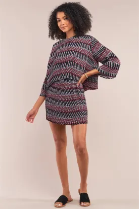 Wine Multi Print Pleated Midi Sleeve Top And Mini Skirt Two-Piece Set /1-1-2-1