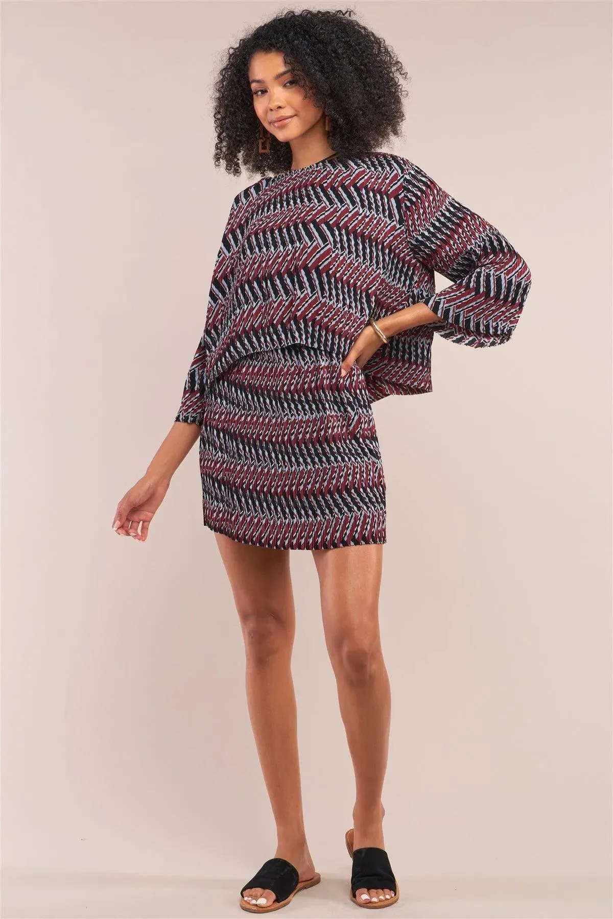Wine Multi Print Pleated Midi Sleeve Top And Mini Skirt Two-Piece Set /1-1-2-1