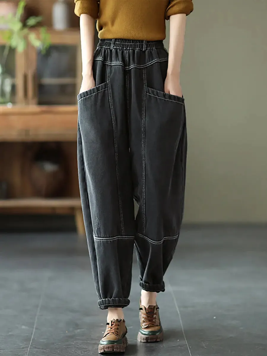 Women Spliced Denim Fleece-lined Pants